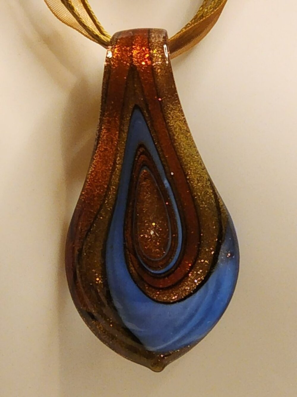 Vtg Statement Art Glass Tear Drop Pendant  Necklace Blue Swirl Red Gold Shimmer
